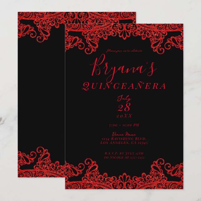Invitation Parties scintillant rouge Éperche dentelle noire Q (Devant / Derrière)