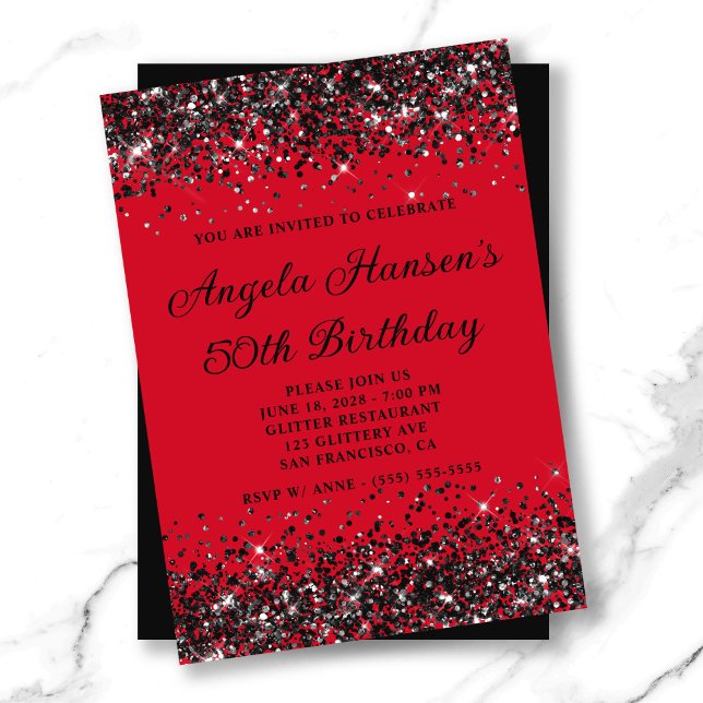 Invitation Parties scintillant rouge et noire 50e anniversair (Red and Black Glitter 50th Birthday Invitation)