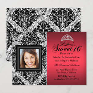 Invitation Parties scintillant rouge et noire Damask Photo Sw