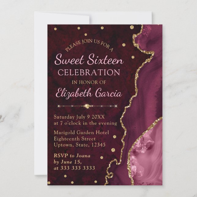 Invitation Parties scintillant rouge et or Agate et marbre Sw (Devant)