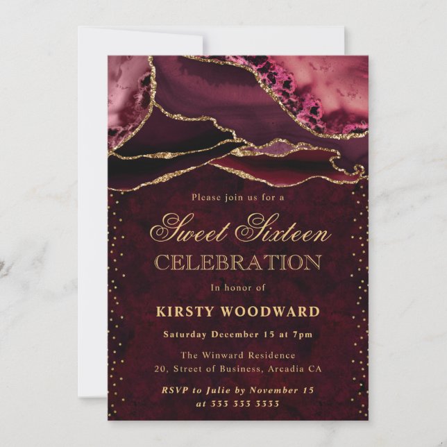 Invitation Parties scintillant rouge et or Agate Sweet 16 (Devant)