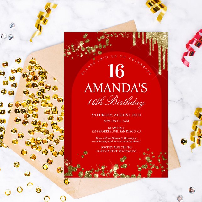 Invitation Parties scintillant rouge et or branché Anniversai (Créateur téléchargé)