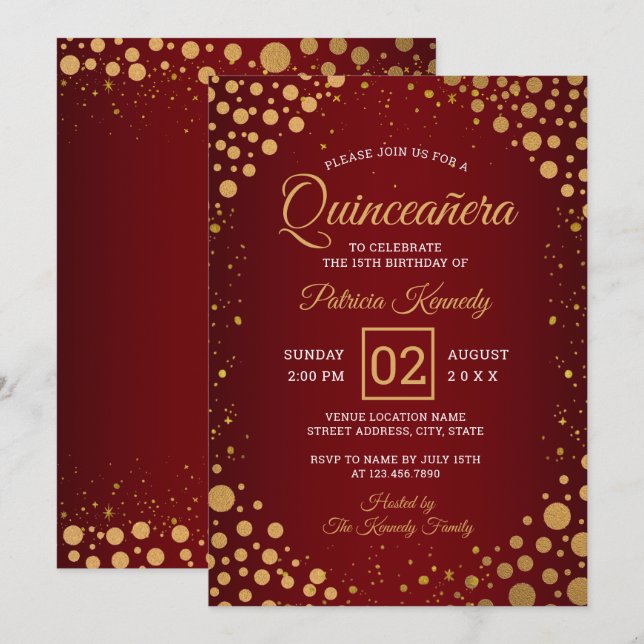 Invitation Parties scintillant Rouge Et Or Confetti Quinceane (Devant / Derrière)