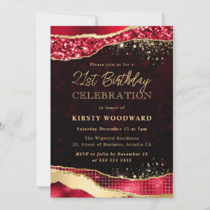 Invitation Parties scintillant rouge et or Larmes glam 21e an