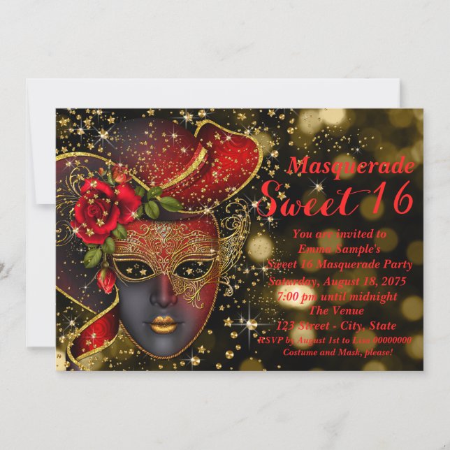 Invitation Parties scintillant rouge et or Masquerade (Devant)
