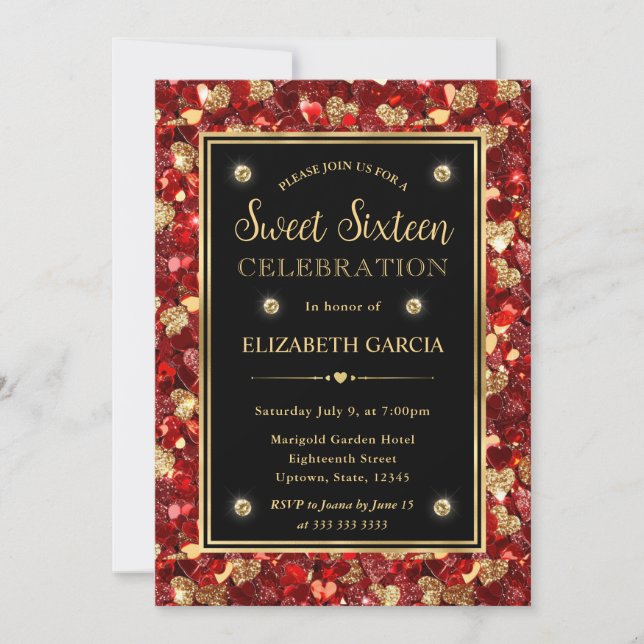 Invitation Parties scintillant rouge et or Valentine Coeurs S (Devant)