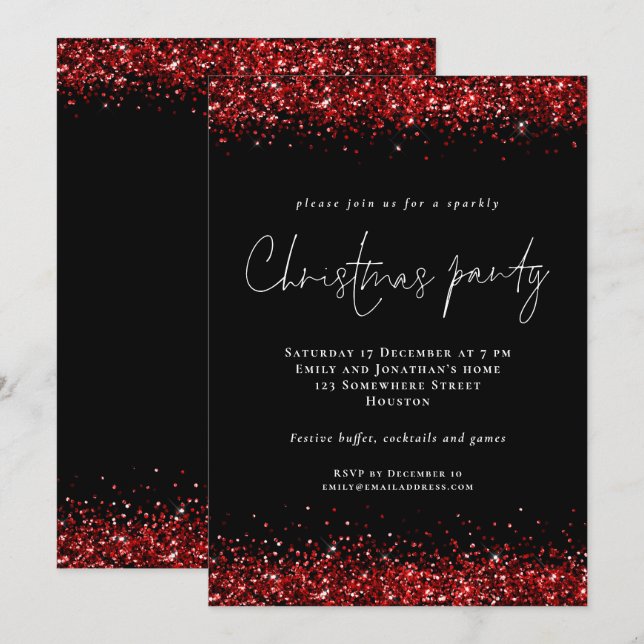 Invitation Parties scintillant rouge Festive Script Noël Fête (Devant / Derrière)