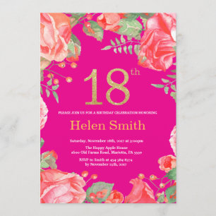 Invitation Parties scintillant rouge florale 18e anniversaire