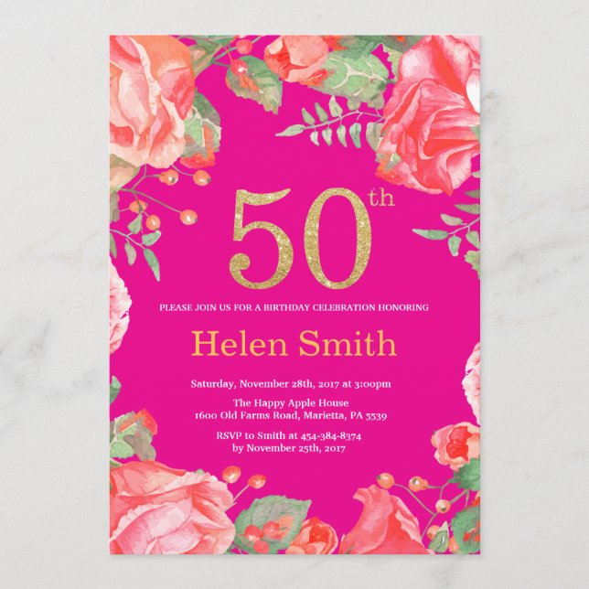 Invitation Parties scintillant rouge florale 50e anniversaire (Devant)