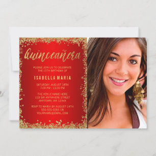 Invitation Parties scintillant Rouge Gold Faux Quinceanera 15