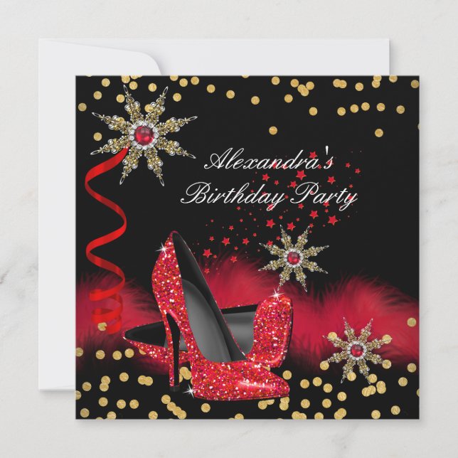 Invitation Parties scintillant Rouge Haut talons Noir Anniver (Devant)