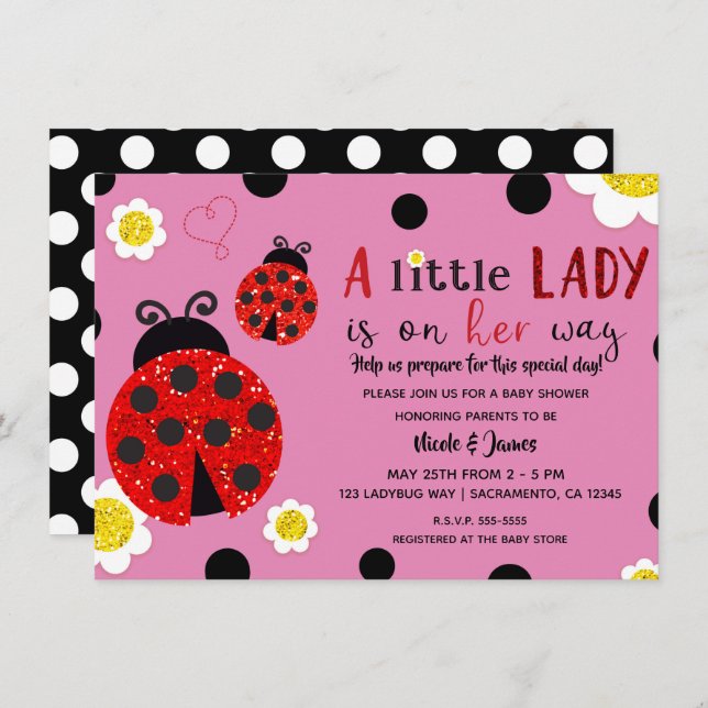Invitation Parties scintillant Rouge Ladybug Fleurs Jaunes Ba (Devant / Derrière)