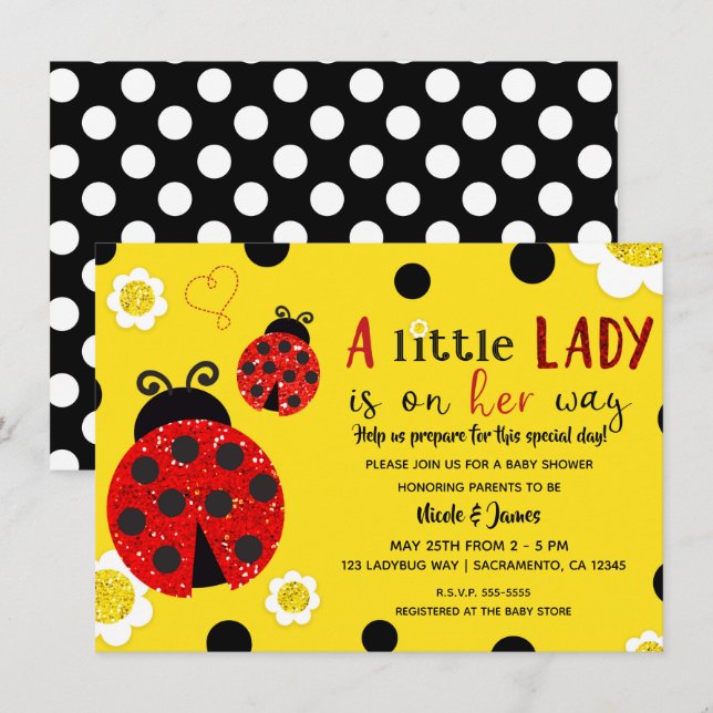 Invitation Parties scintillant Rouge Ladybug Fleurs Jaunes Ba (Devant / Derrière)