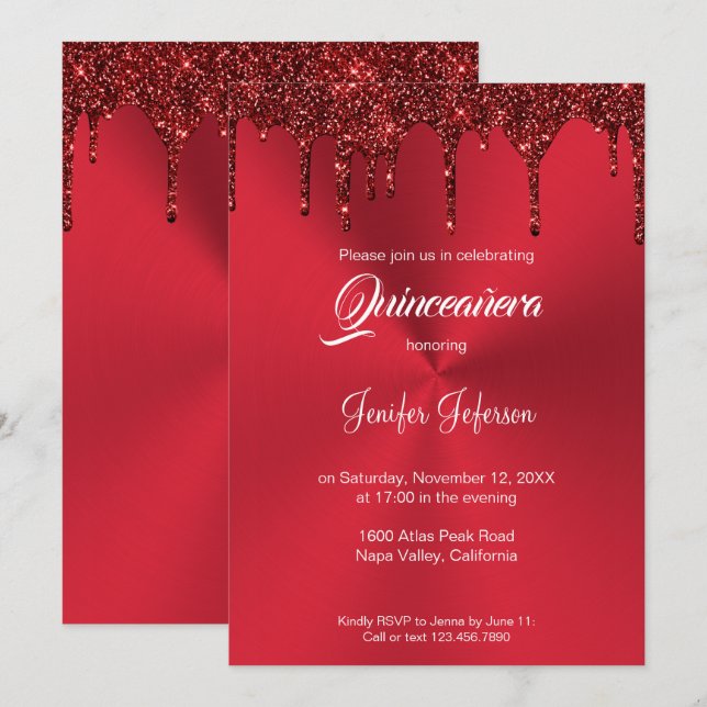 Invitation Parties scintillant rouge métallique Quinceanera I (Devant / Derrière)