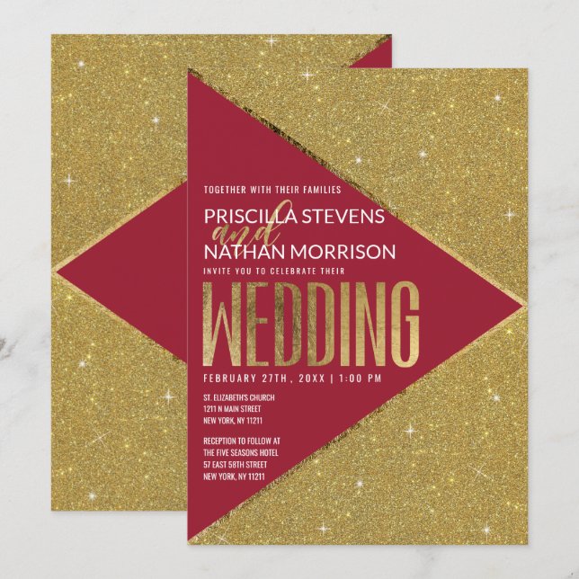Invitation Parties scintillant rouge or moderne Mariage géomé (Devant / Derrière)