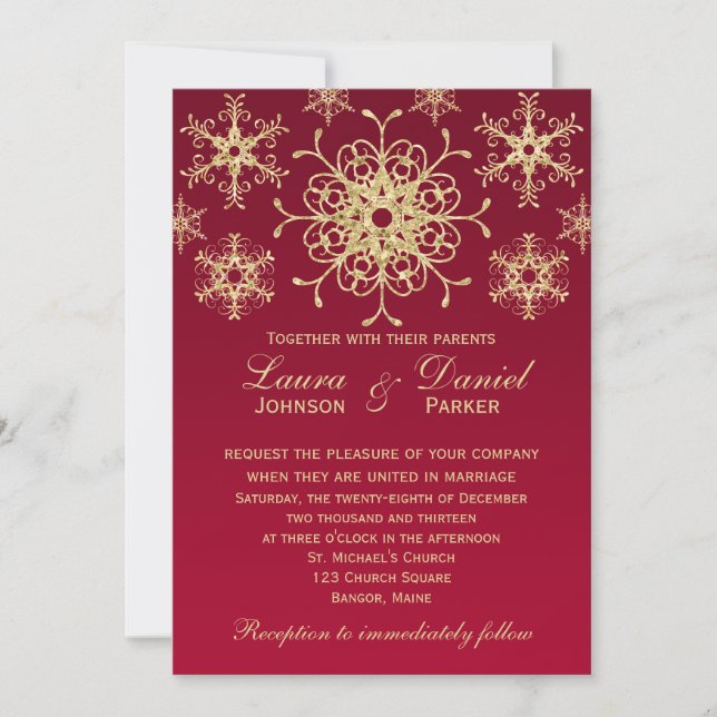 Invitation Parties scintillant rouge, or REGARDER Snowflakes  (Devant)