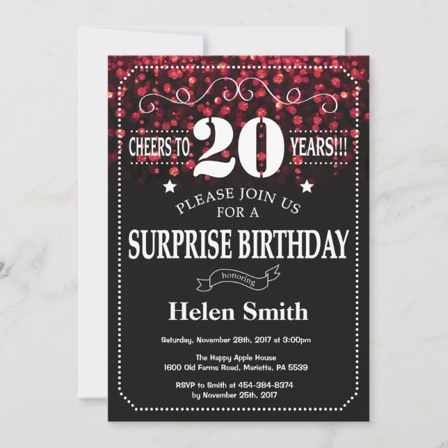 Invitation Parties scintillant rouge Surprise 20e anniversair (Devant)