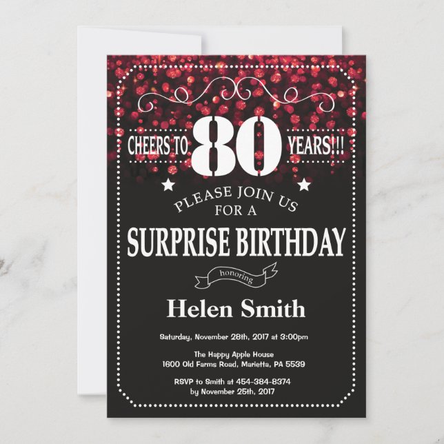 Invitation Parties scintillant rouge Surprise 80e anniversair (Devant)