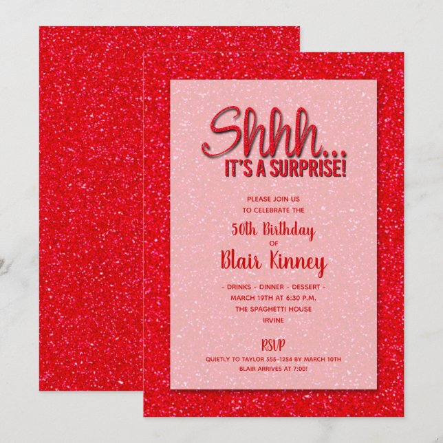 Invitation Parties scintillant rouge SURPRISE Anniversaire (Devant / Derrière)