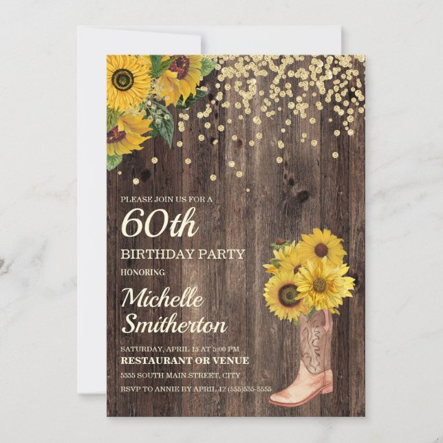 Invitation Parties scintillant Rustic Sunflower Boots 60e ann (Devant)