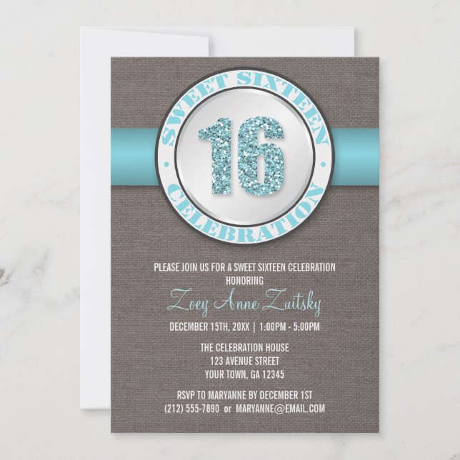 Invitation Parties scintillant rustique Aqua Blue Sweet 16 In (Devant)