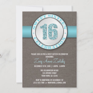 Invitation Parties scintillant rustique Aqua Blue Sweet 16 In