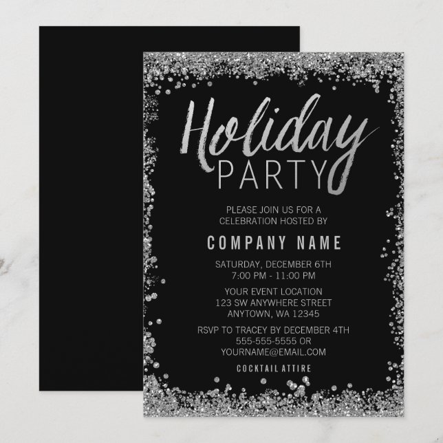 Invitation Parties scintillant Silver Faux Noir Fête (Devant / Derrière)