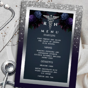 Invitation Parties scintillant Silver Navy Blue Florals Menu