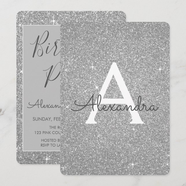Invitation Parties scintillant Silver Sparkle Fille fête d'an (Devant / Derrière)
