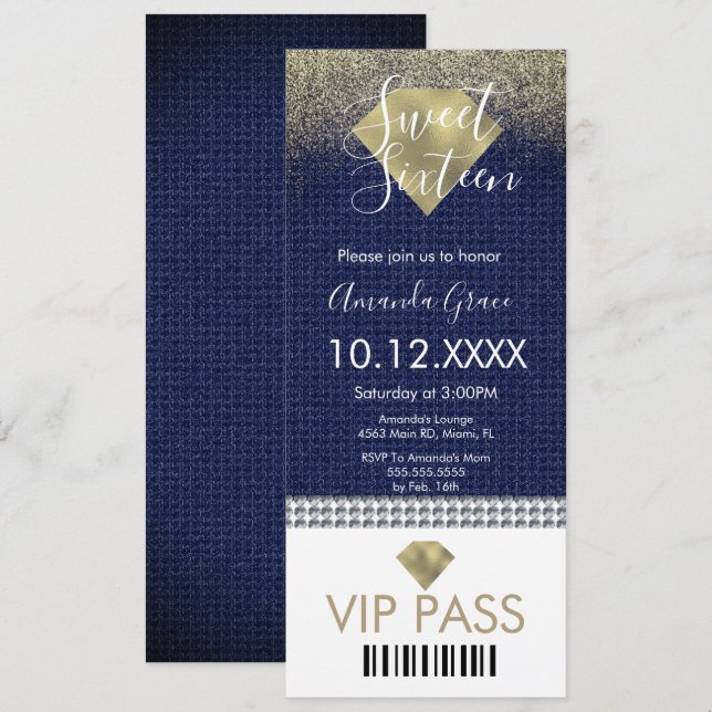 Invitation Parties scintillant sweet sixteen or Denim Diamond (Devant / Derrière)