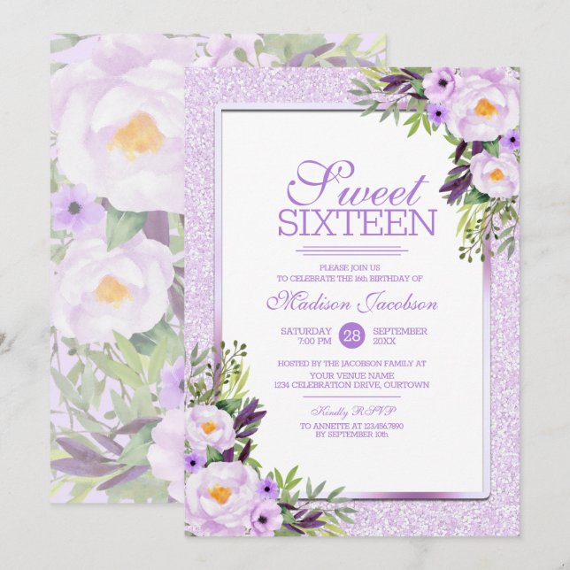 Invitation Parties scintillant tendance Purple Floral Sweet 1 (Devant / Derrière)