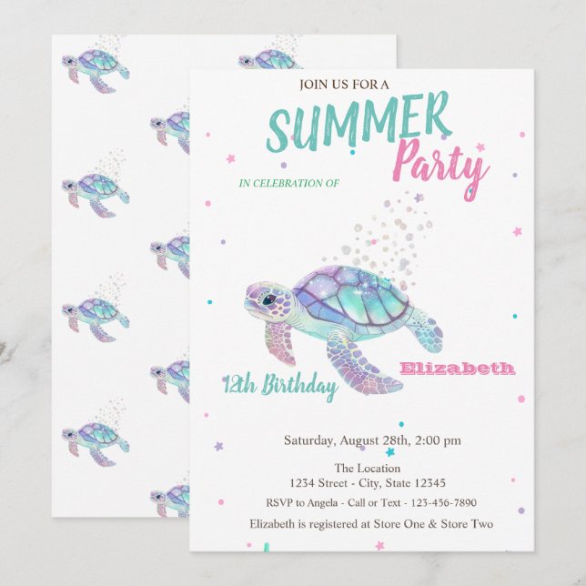 Invitation Parties scintillant Tortue Anniversaire d'été (Devant / Derrière)