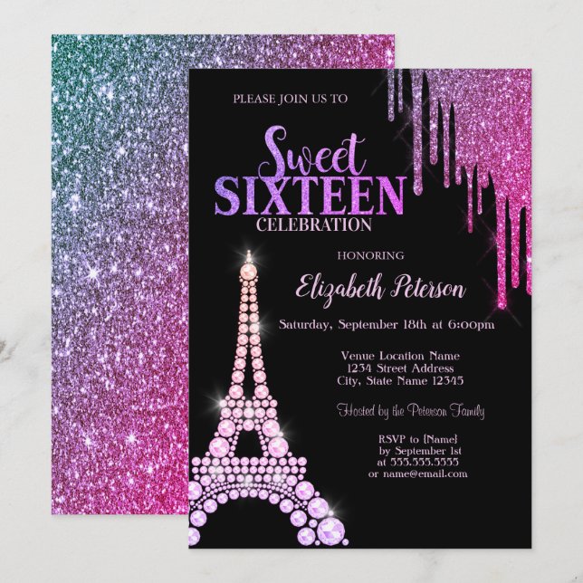 Invitation Parties scintillant, Tour Eiffel Black Sweet 16 (Devant / Derrière)