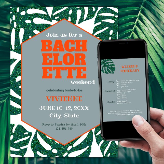 Invitation Parties scintillant Tropical Bachelorette Party Mo (tropical bachelorette party invitations glitter mostera green and orange bachelorette tropical)