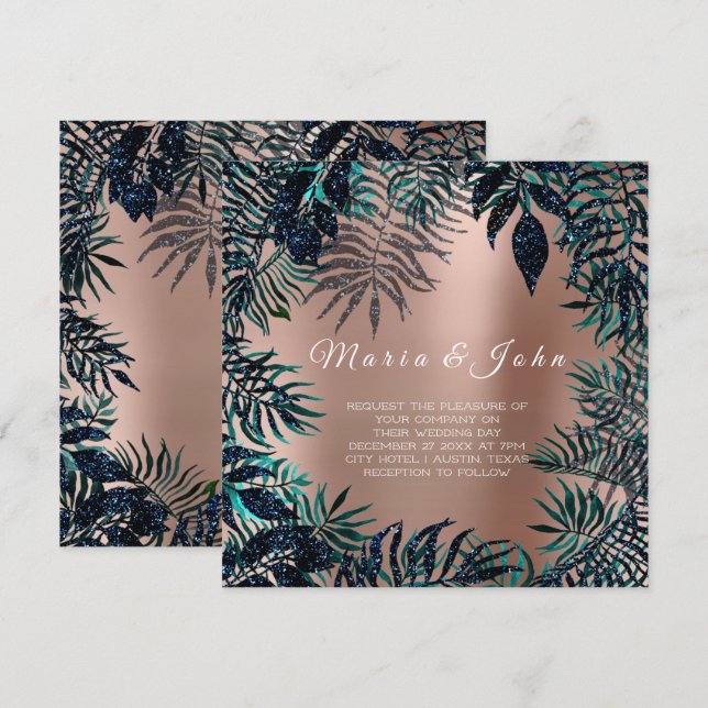 Invitation Parties scintillant Tropical Leafs Jardin Blue Nav (Devant / Derrière)