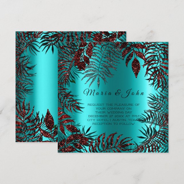 Invitation Parties scintillant tropicale à feuilles florales  (Devant / Derrière)
