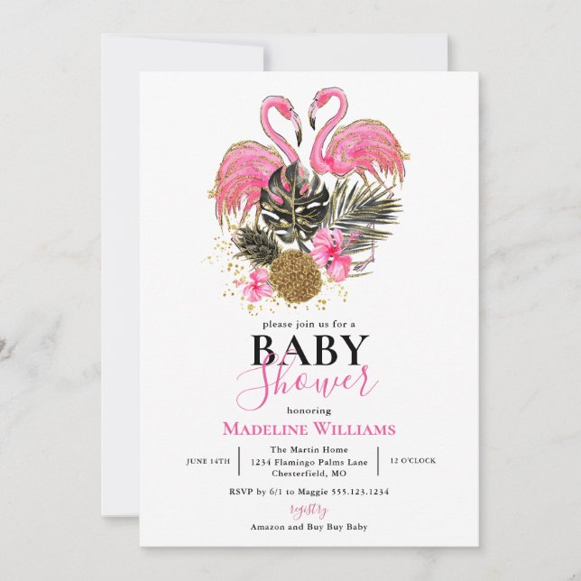 Invitation Parties scintillant tropicale Baby shower Flamant  (Devant)