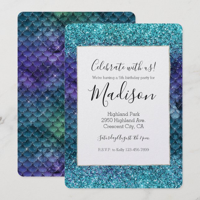 Invitation Parties scintillant turquoise Aqua Purple Mermaid (Devant / Derrière)