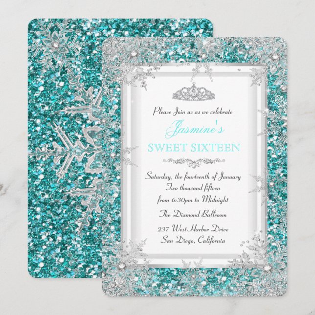 Invitation Parties scintillant Turquoise Argent hiver Wonderl (Devant / Derrière)