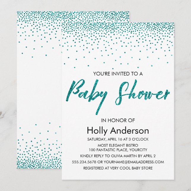 Invitation Parties scintillant turquoise Baby shower Confetti (Devant / Derrière)