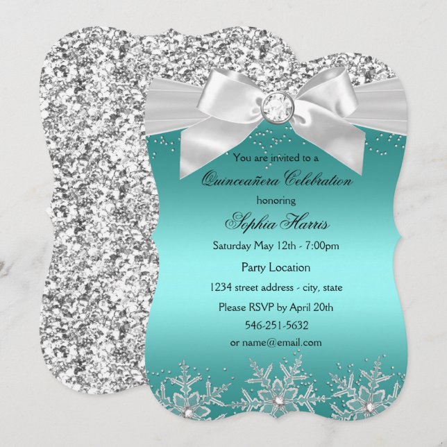 Invitation Parties scintillant turquoise Bijou Bow Flocon de  (Devant / Derrière)