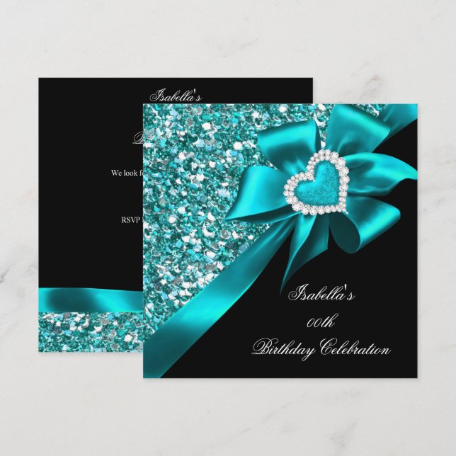 Invitation Parties scintillant Turquoise Bleu Coeur Bow Noir  (Devant / Derrière)