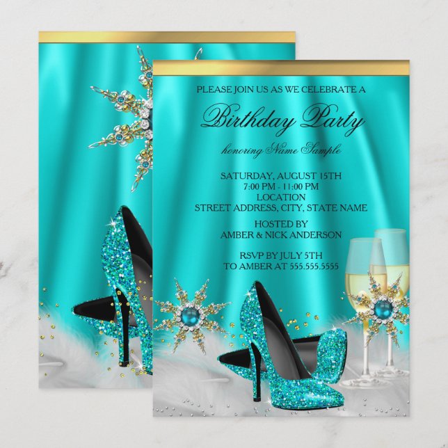 Invitation Parties scintillant Turquoise Bleu Haut talons Gol (Devant / Derrière)