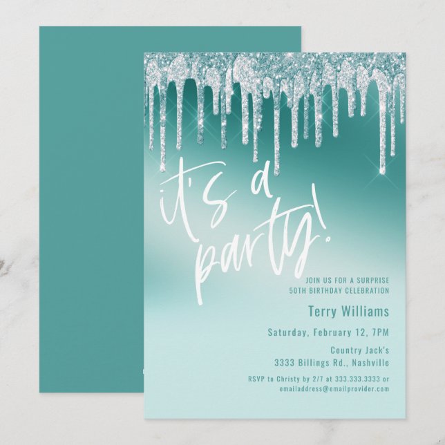 Invitation Parties scintillant Turquoise bleue Surprise 50e f (Devant / Derrière)