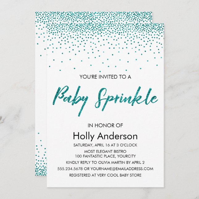 Invitation Parties scintillant Turquoise Confetti & Typograph (Devant / Derrière)