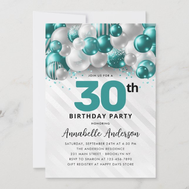 Invitation Parties scintillant turquoise de ballons d'argent  (Devant)