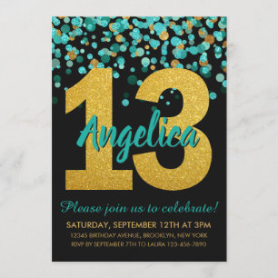 Invitation Parties scintillant turquoise d'or Confetti Noir 1