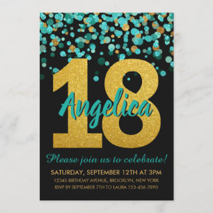 Invitation Parties scintillant turquoise d'or Confetti Noir 1