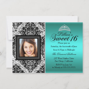 Invitation Parties scintillant turquoise en argent Damask Pho