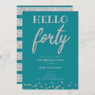 Invitation Parties scintillant Turquoise en argent "Hello Qua